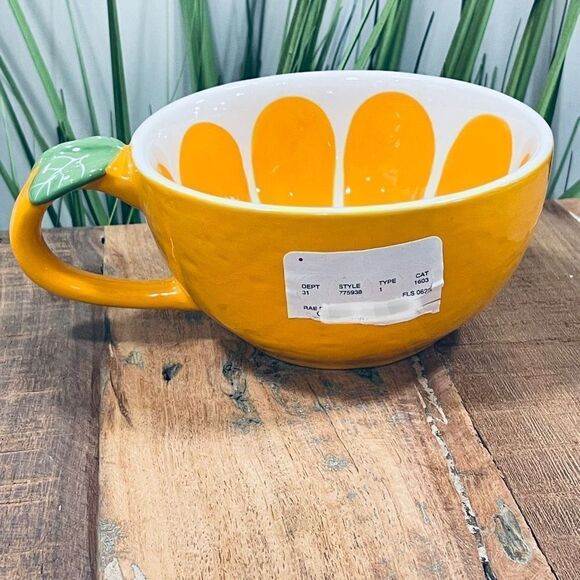 NWT Set of 2,Gorgeous Rae Dunn ORANGE Glossy Ceramic Mugs Set with leaf handle - Picture 10 of 17